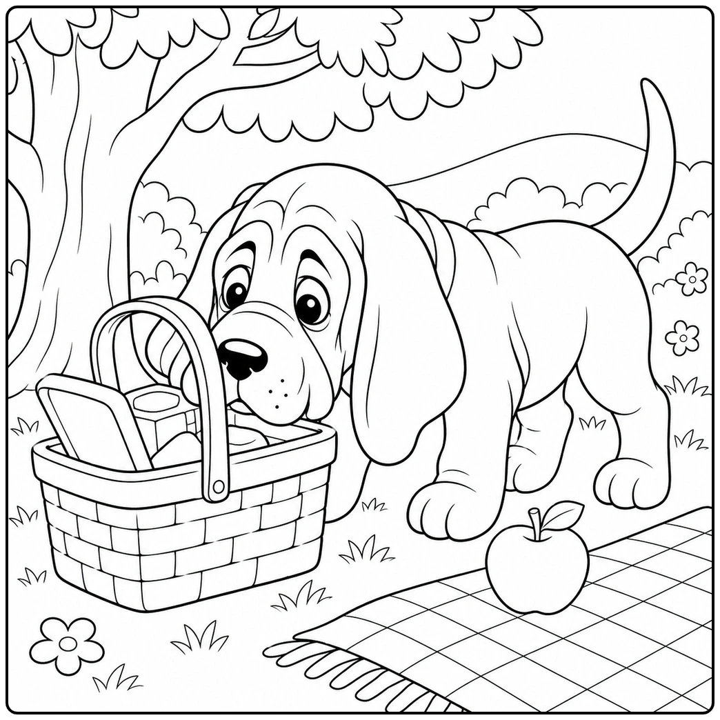Curious Bloodhound puppy peeking into a picnic basket beside a blanket and apple outdoors