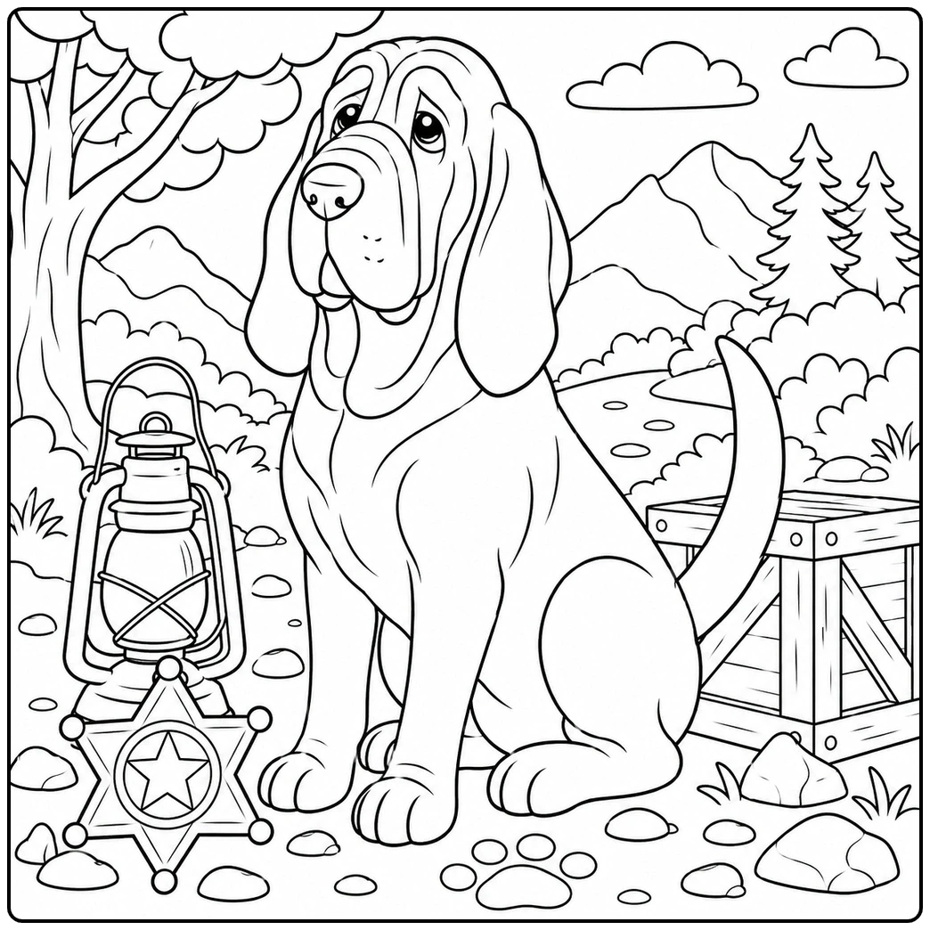 Proud tracking dog sitting near a sheriff badge, lantern, wooden crate, and scattered stones