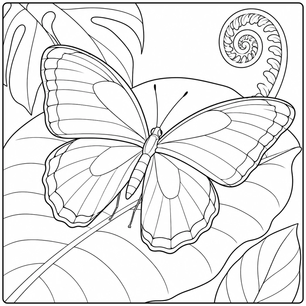 Blue Morpho resting on a broad tropical leaf in a realistic butterfly coloring page