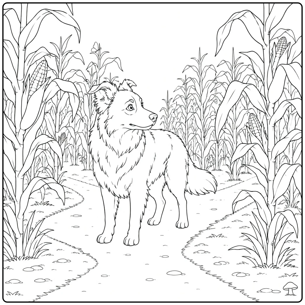 Alert dog pauses between tall corn rows at a fork, a border collie coloring page