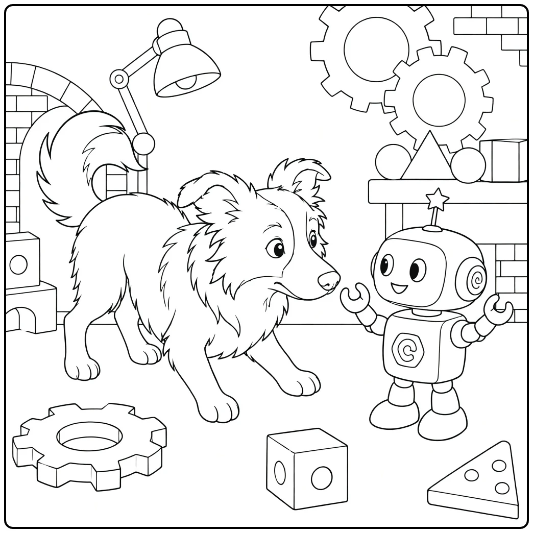 Curious Border Collie meets a friendly toy robot among gears and simple STEM shapes