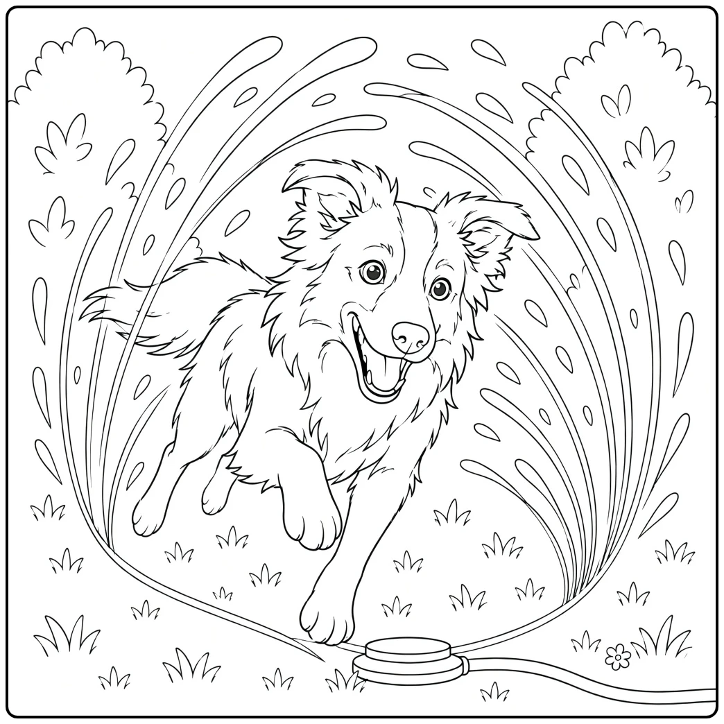 Border Collie racing through sprinkler arcs on grass with water droplets and bushes