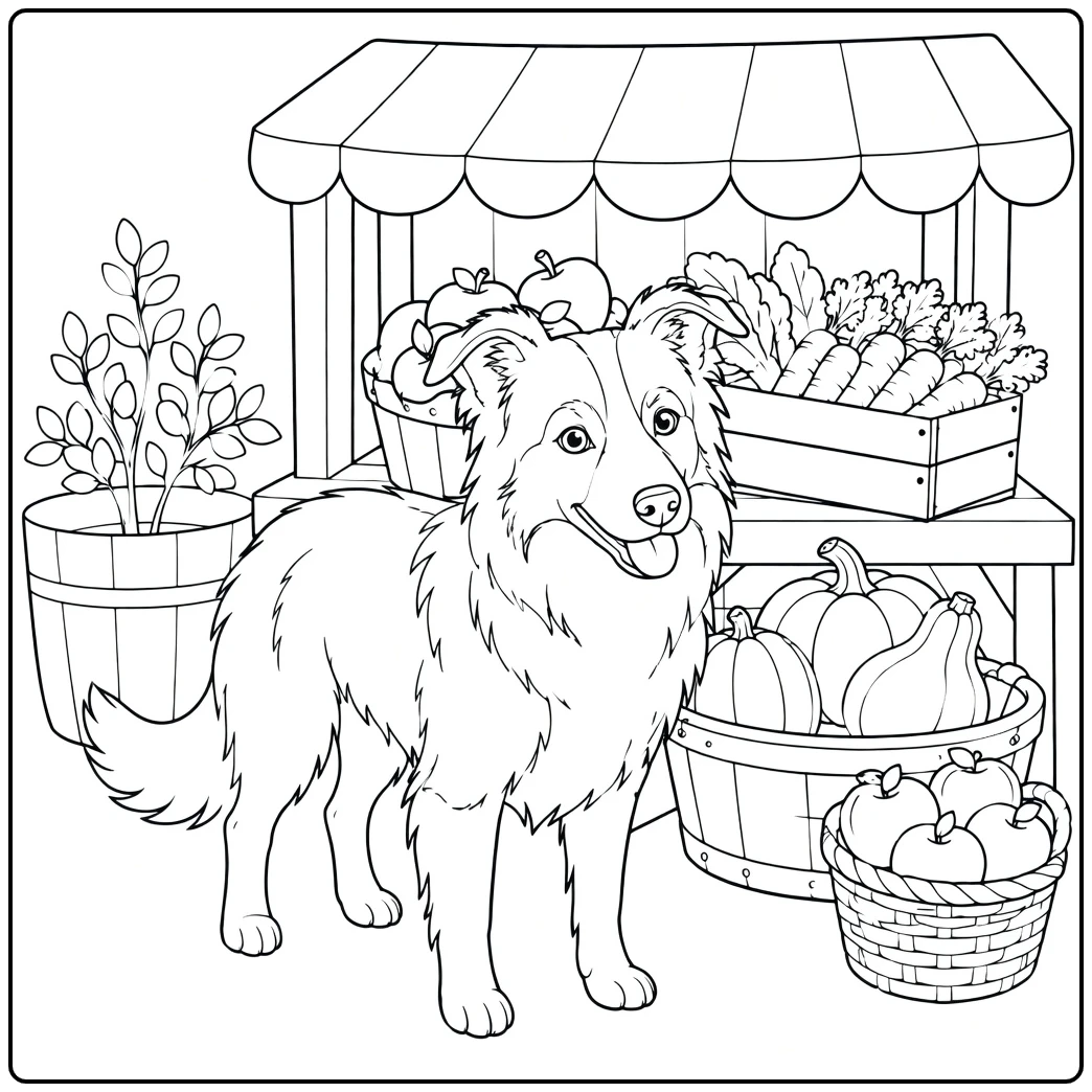 Friendly Border Collie stands beside baskets of pumpkins, apples, and carrots at market