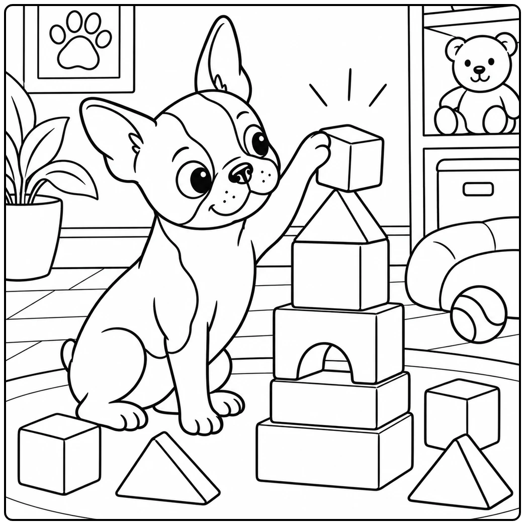 Focused Boston Terrier stacks large toy blocks beside a ball and teddy bear