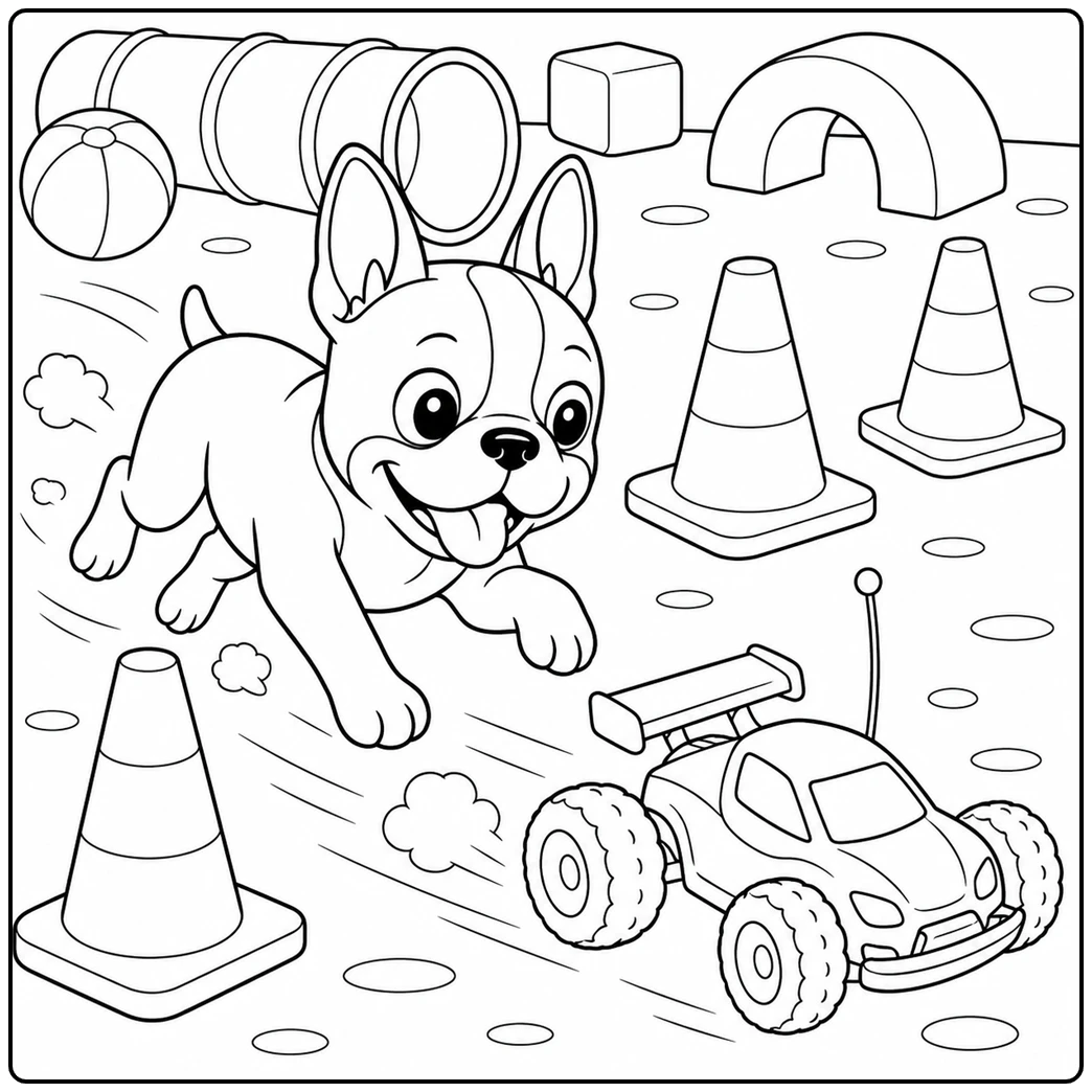 Boston Terrier races after a remote-control car between large play cones