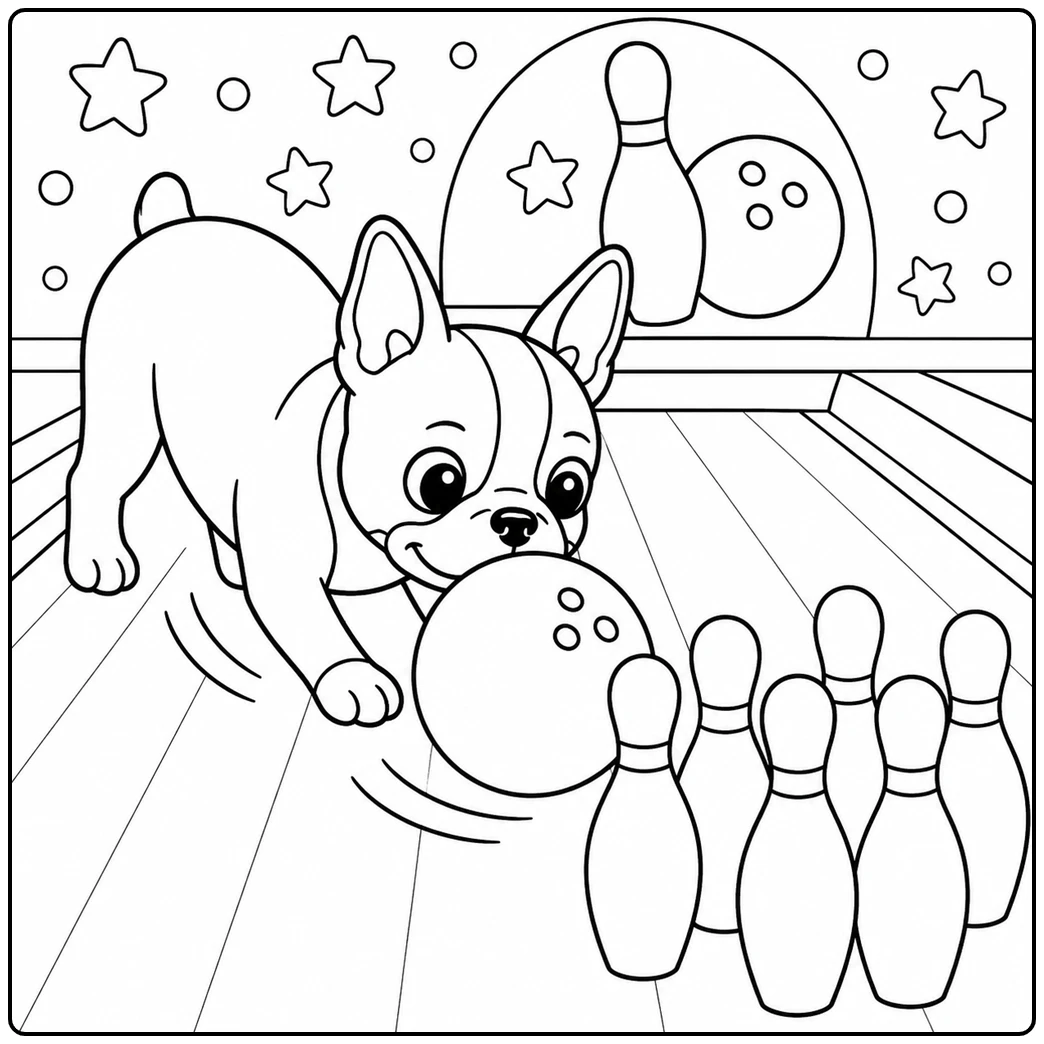 Bowling fun fills this boston terrier coloring page as the dog nudges a ball toward pins