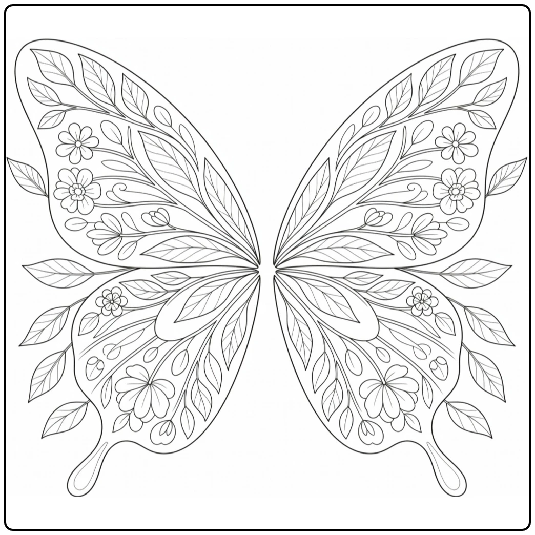 Elegant butterfly wings decorated with leafy branches, blossoms, buds, and flowing stems