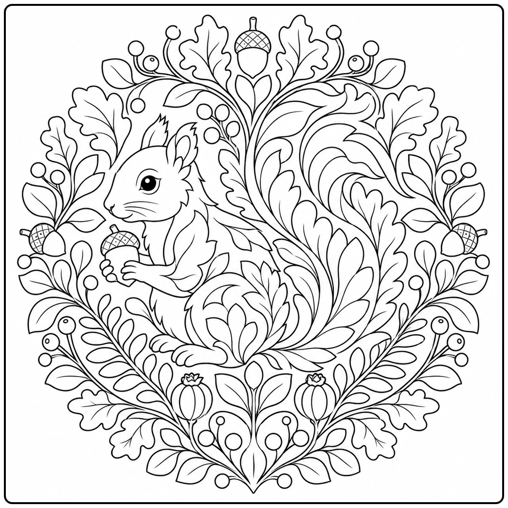 Side-view squirrel merges with flowing leaves, berries, and acorns in a botanical design