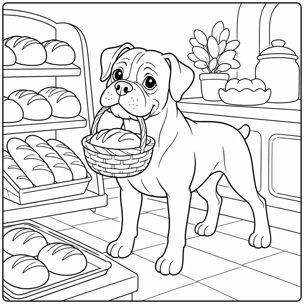 Boxer carrying a bread basket inside a bakery lined with loaves and pastry displays