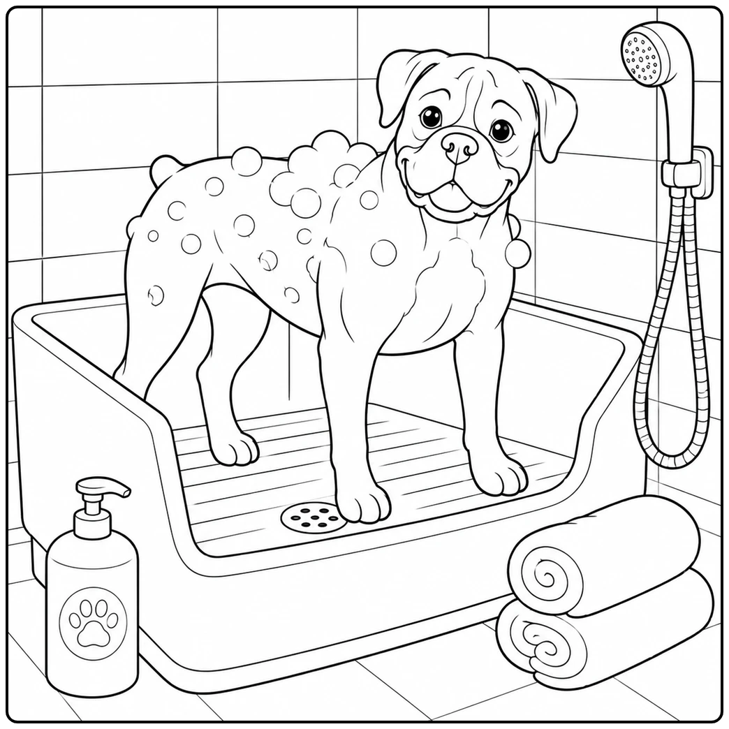 Boxer covered in soap bubbles stands in a wash tub beside a shower hose and towels