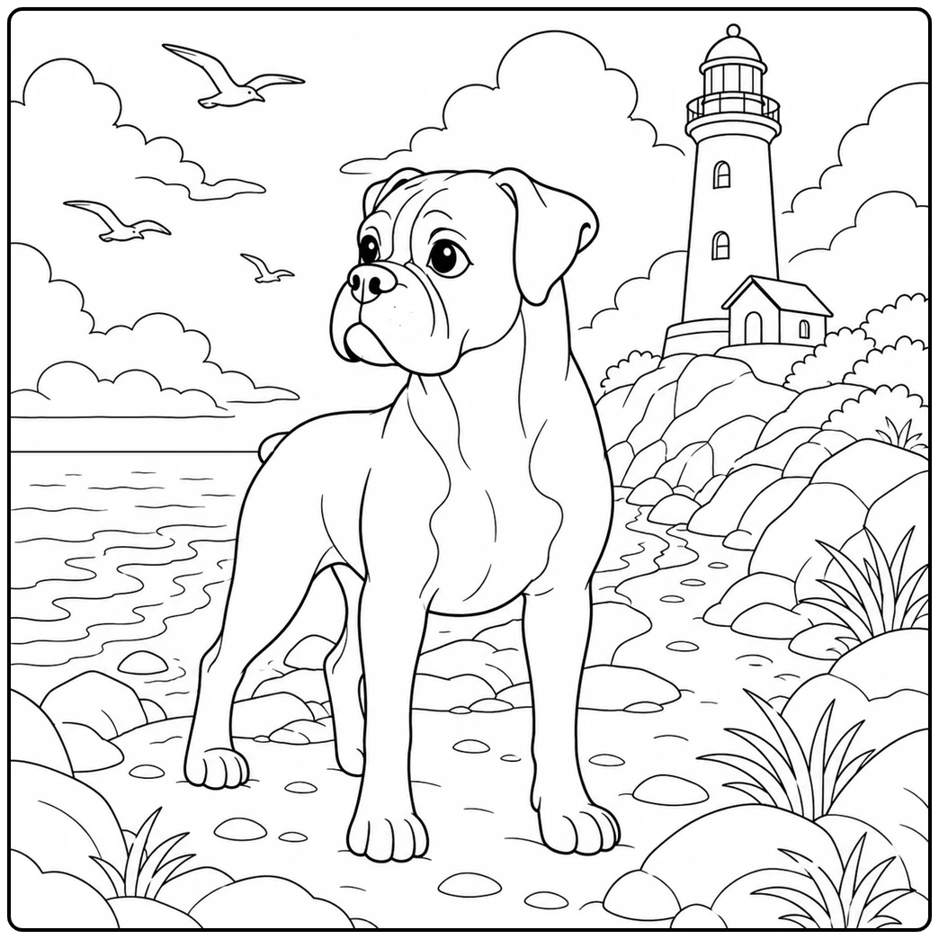 Boxer dog coloring page on a rocky coast with a lighthouse, waves, and flying seagulls