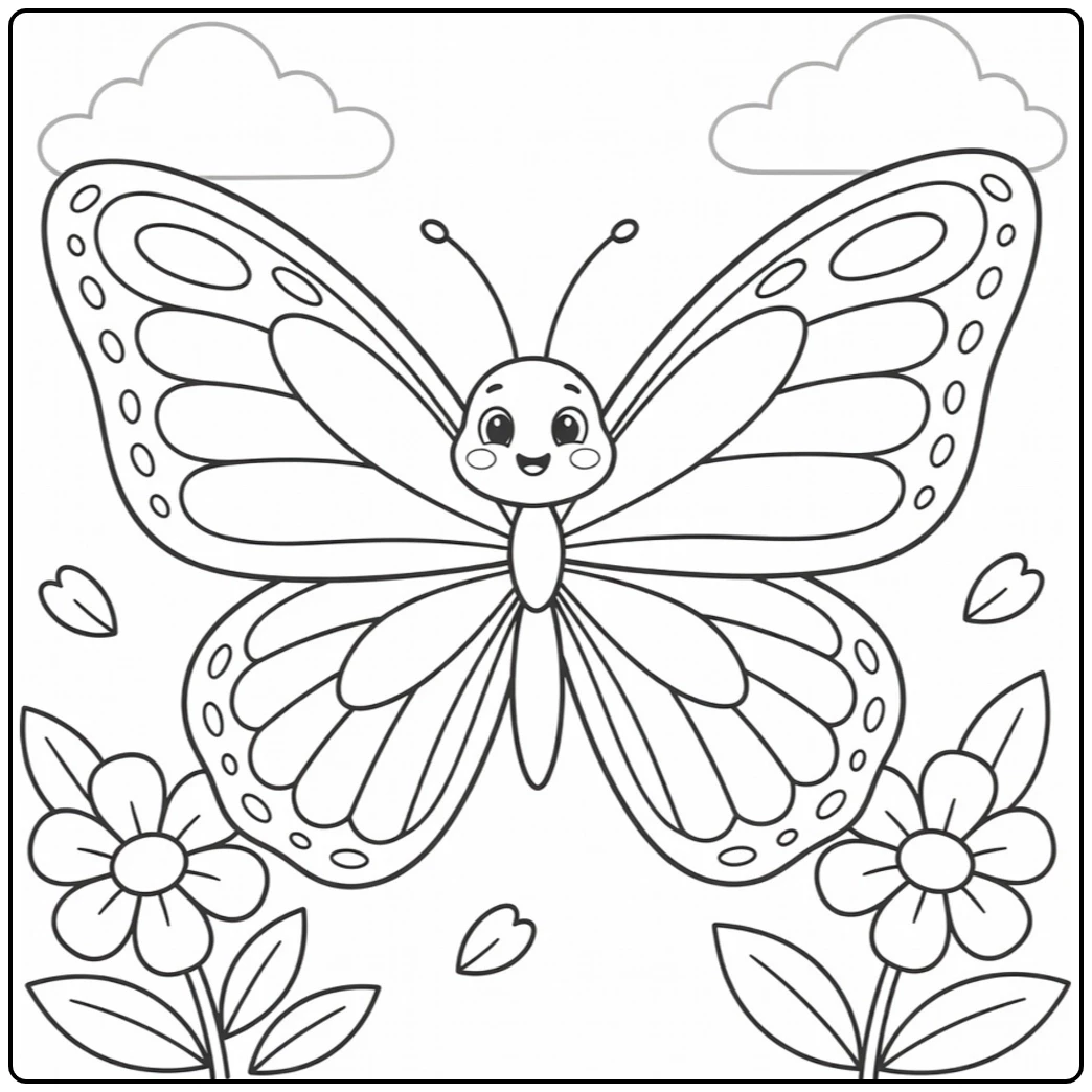 Broad-winged butterfly surrounded by flowers and leaves in a butterfly coloring page