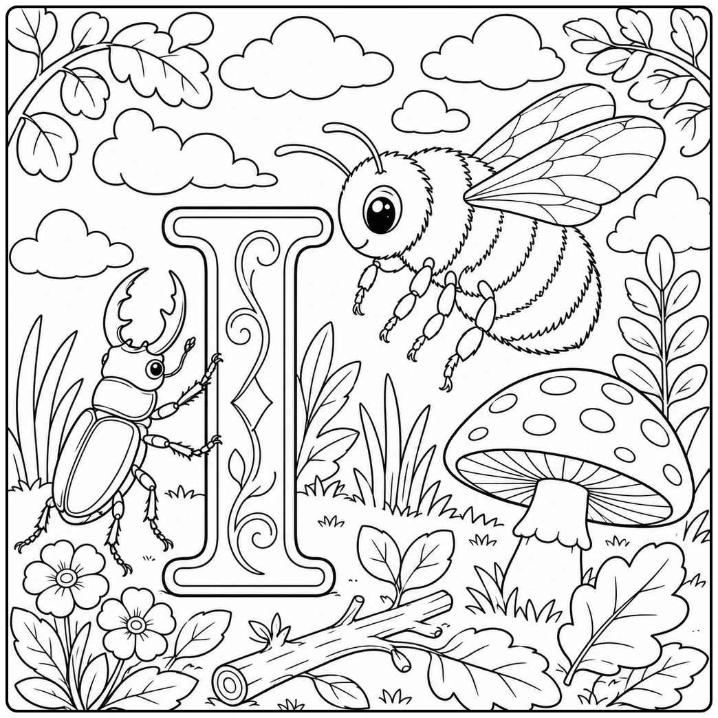 Large bumblebee hovers beside a decorative I while a stag beetle climbs near a mushroom