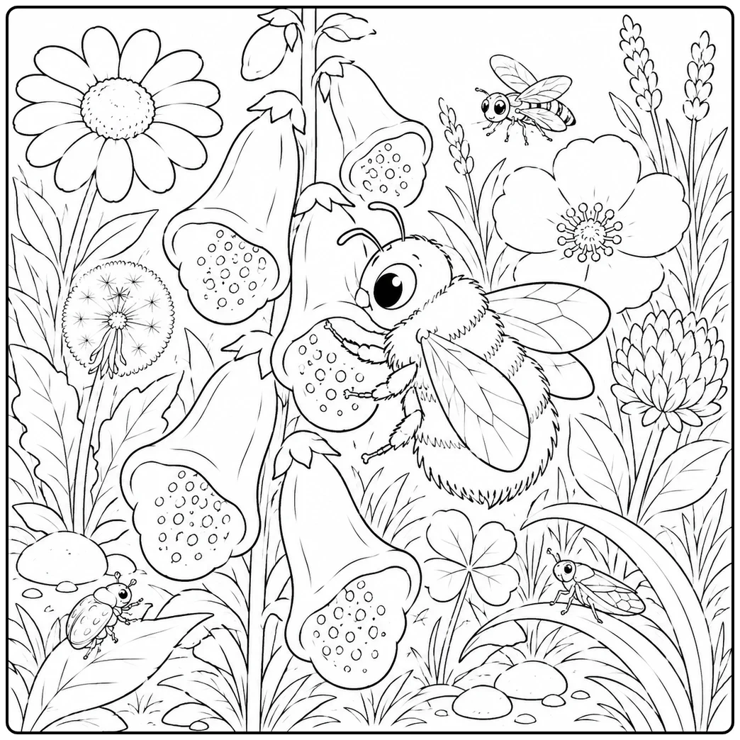 Bumblebee visits hanging flowers at the center of an insect coloring page with meadow insects