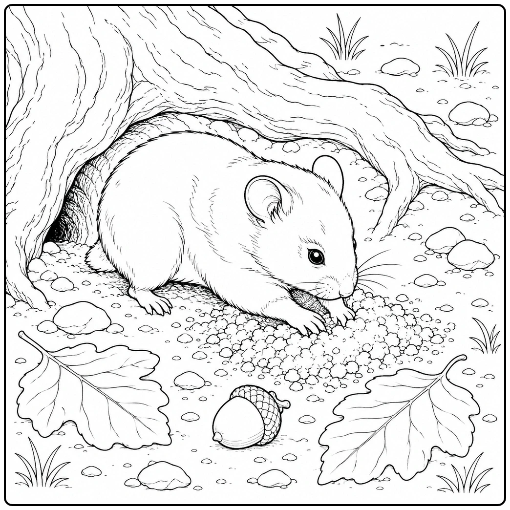 A realistic hamster coloring page features a hamster digging beneath tree roots near an acorn and oak leaves