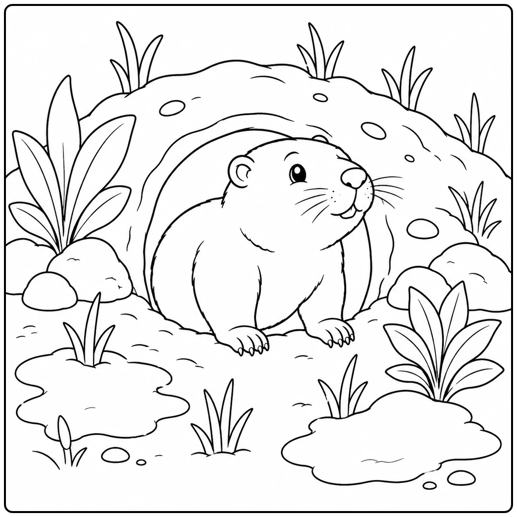 A groundhog sits at the entrance of an earthen burrow framed by leafy plants, grass, and small rocks.