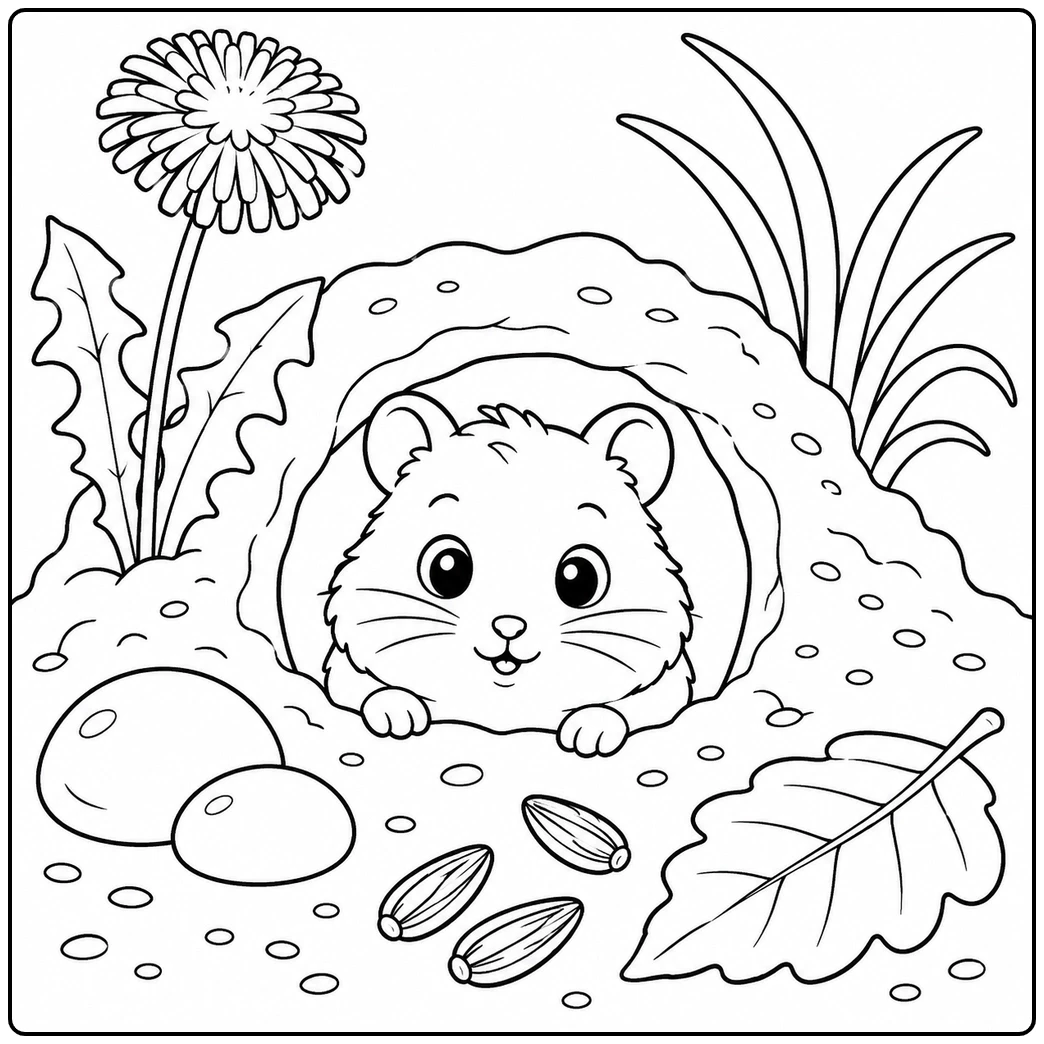 A cute hamster coloring page shows a small hamster peeking from its burrow beside seeds and a broad leaf