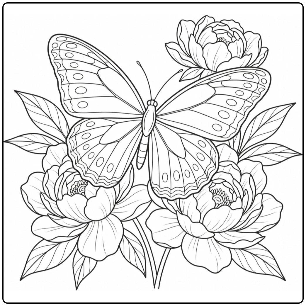 Large butterfly hovering above layered peony blooms surrounded by broad detailed leaves