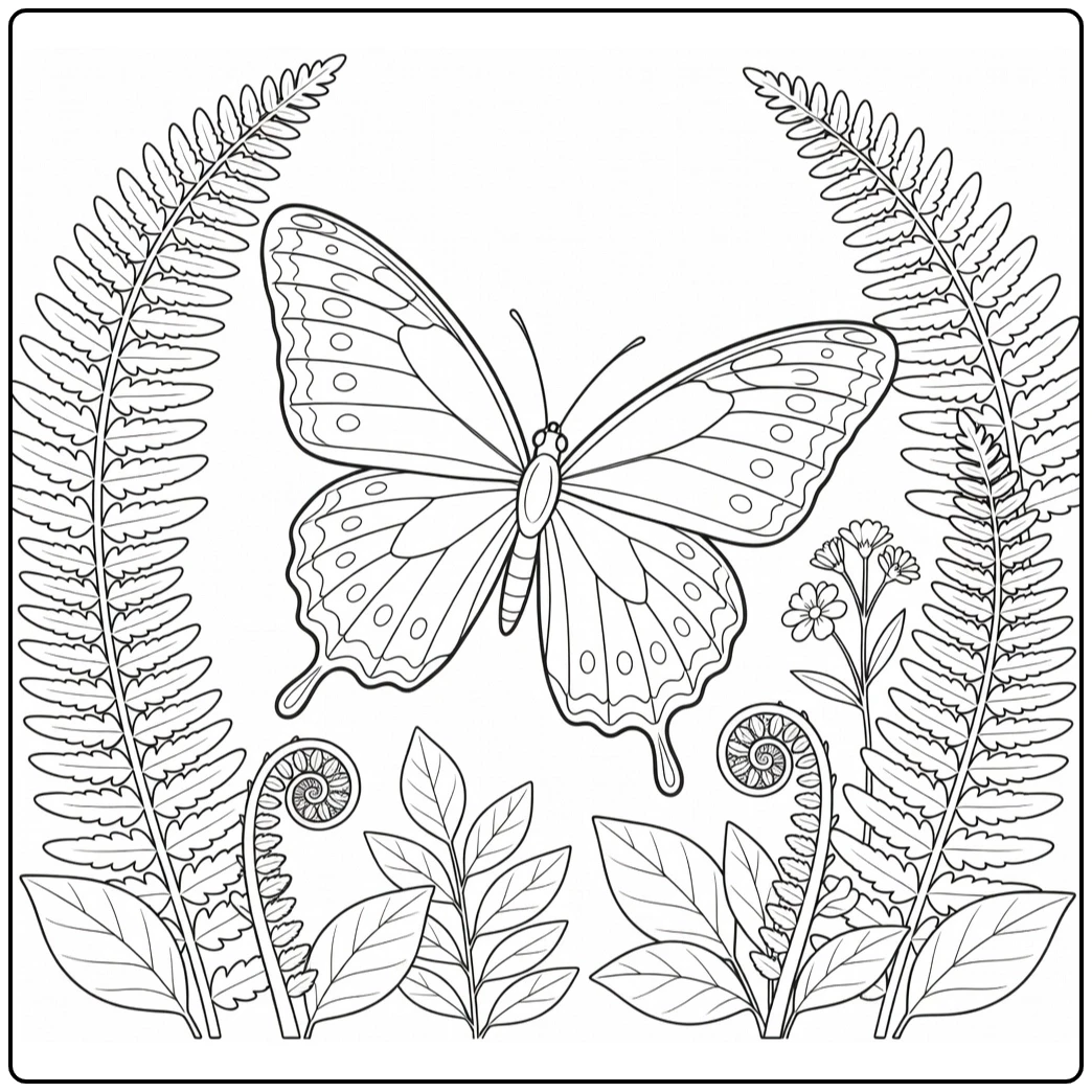 Graceful butterfly flying between tall fern fronds, curled shoots, and small wildflowers