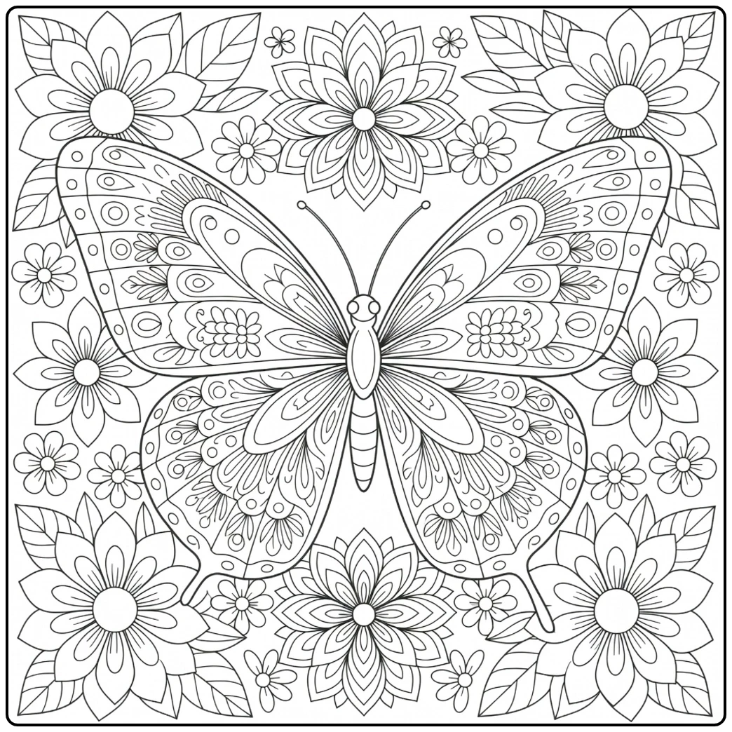 Ornate butterfly surrounded by large flowers, leaves, and layered floral mandala patterns