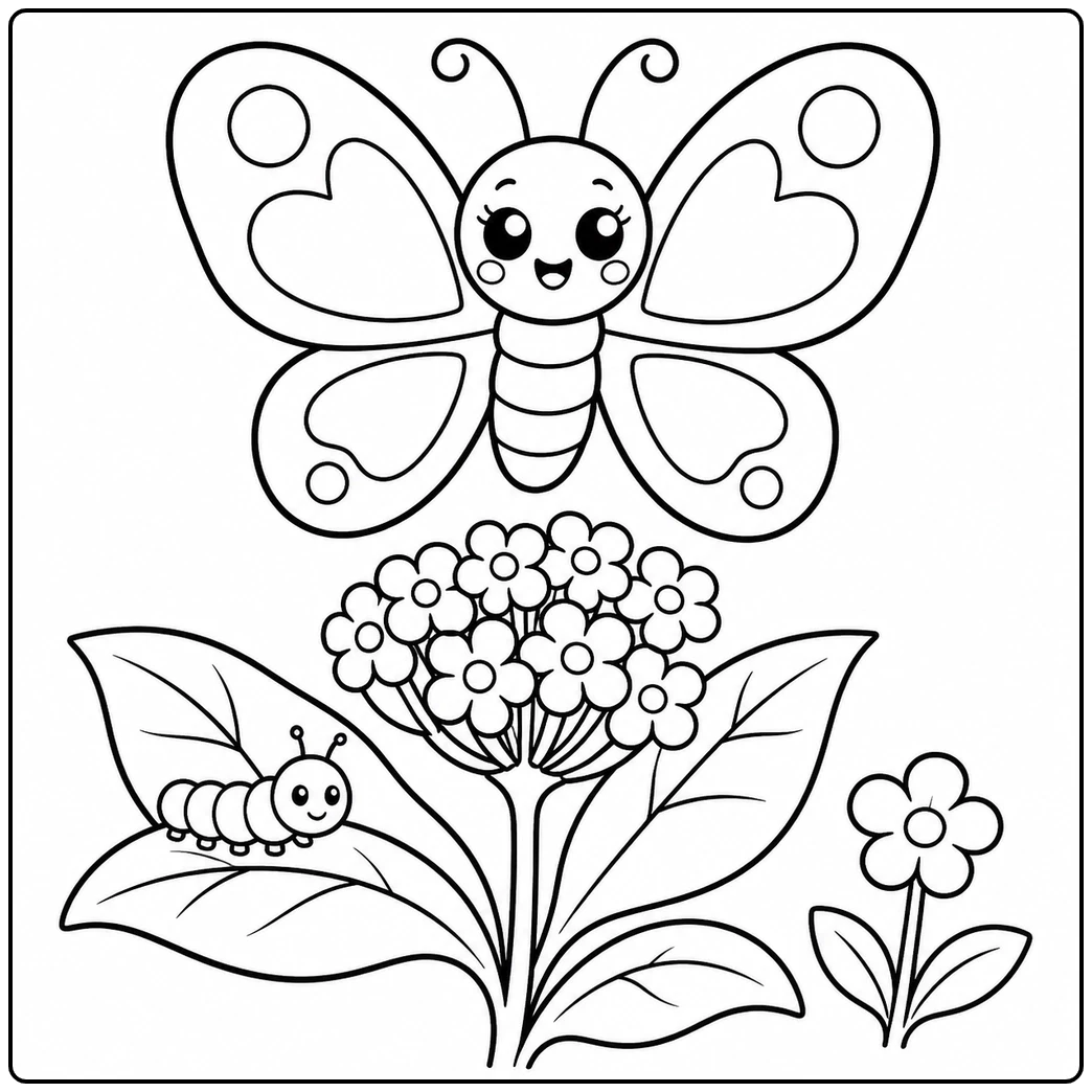 Large butterfly above flowers and a caterpillar in a butterfly garden and spring coloring page