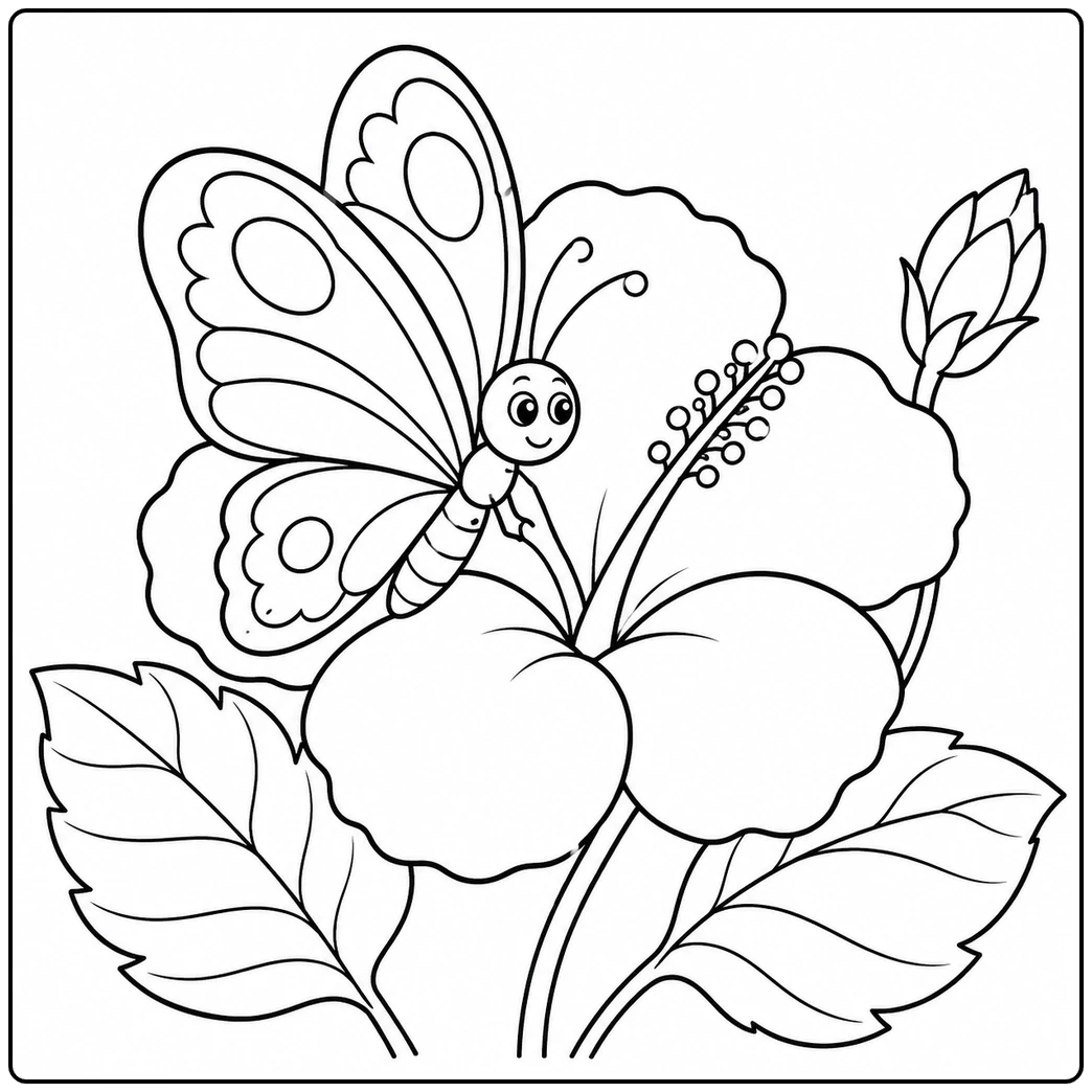 Butterfly perched beside a large hibiscus bloom with broad leaves and a closed bud