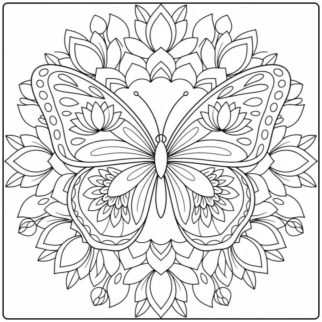 Symmetrical butterfly centered over lotus petals with detailed floral shapes in its wings