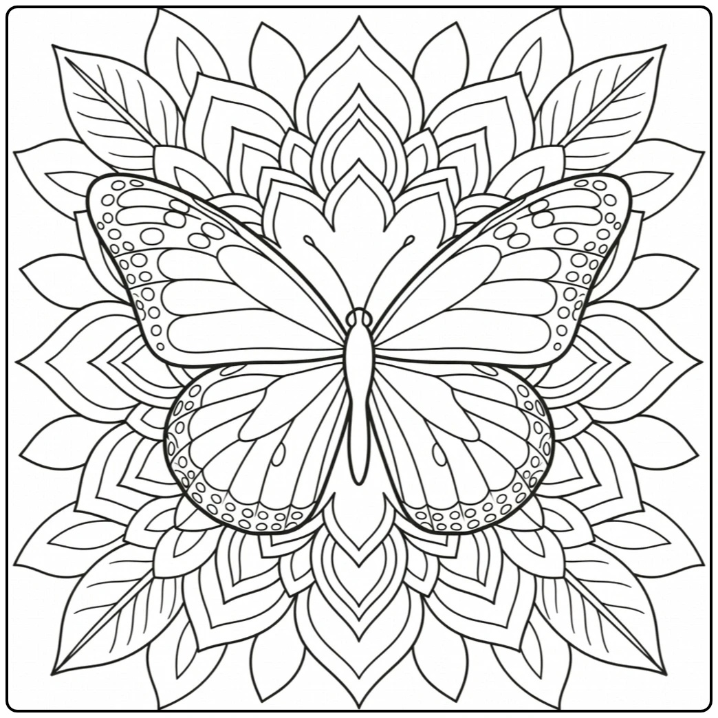 Symmetrical monarch butterfly coloring page framed by layered mandala-style leaves and petals.