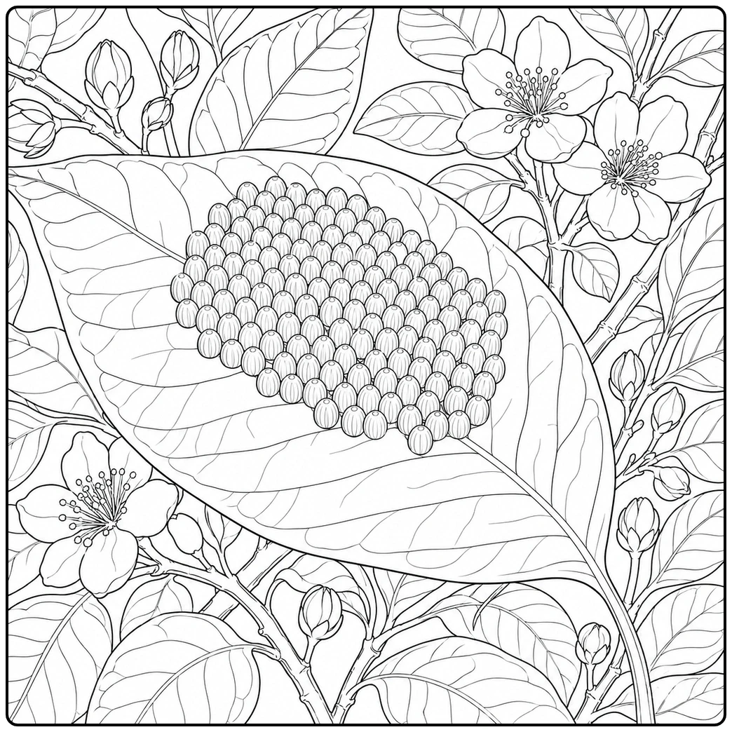 Dense cluster of butterfly eggs rests on a broad leaf surrounded by blossoms and buds.