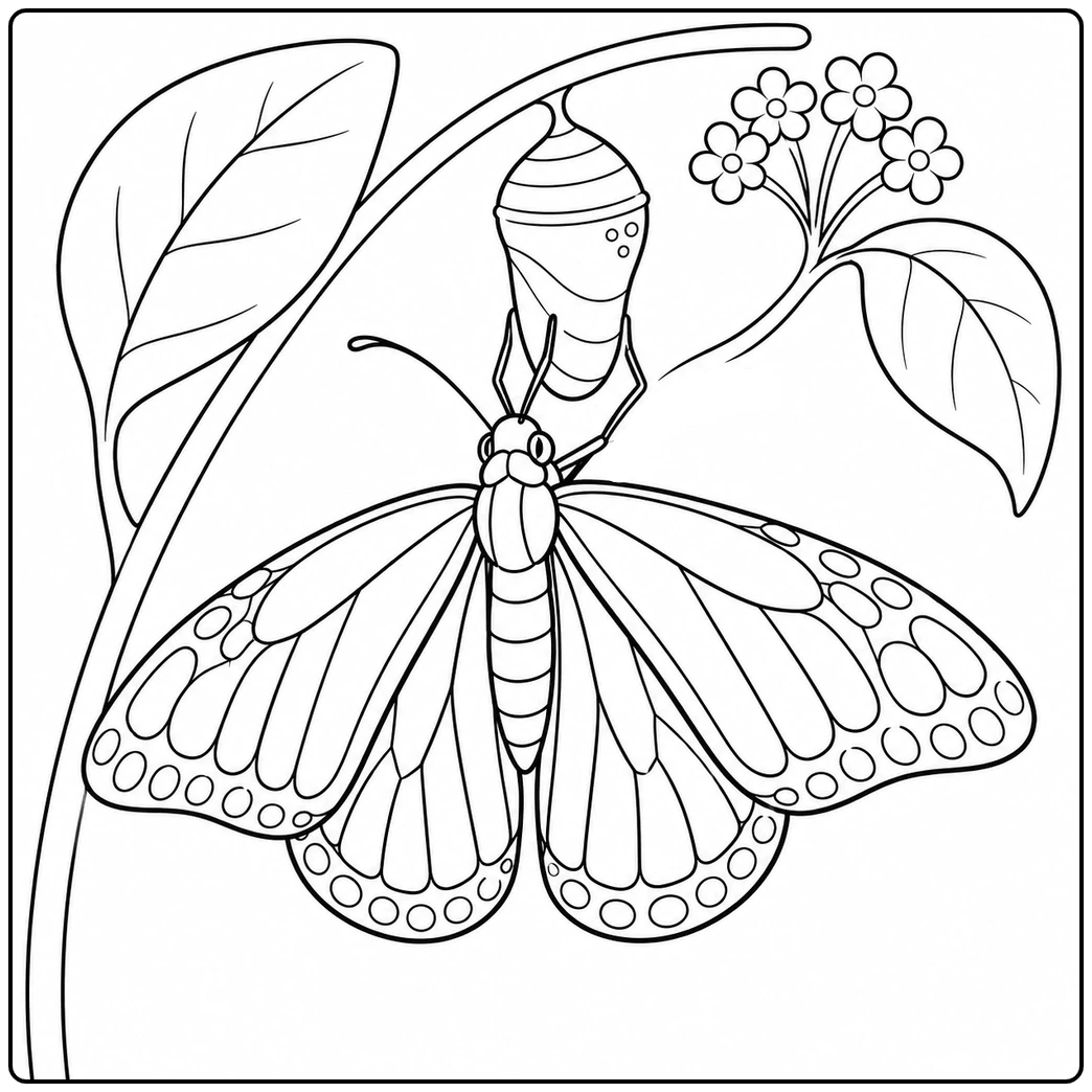 Newly emerged butterfly hangs below a chrysalis with open wings beside broad leaves.