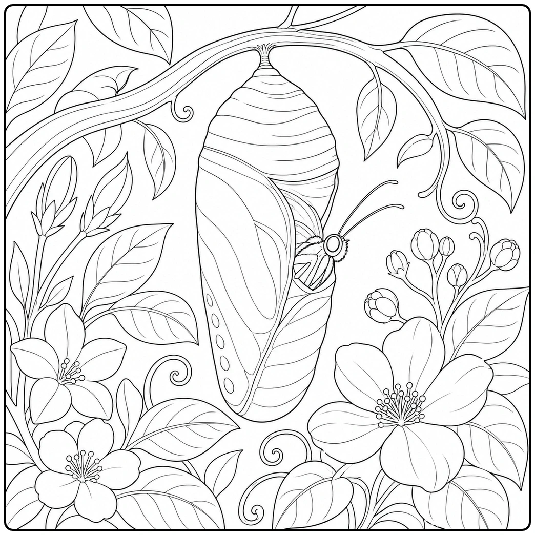 Butterfly emerging from a hanging chrysalis among large flowers, leaves, and curling vines.
