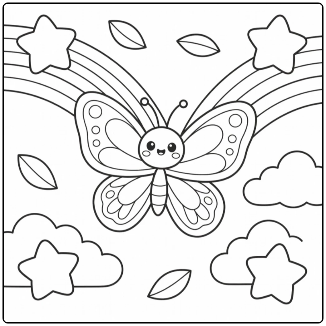 Cute butterfly rainbow coloring page with stars, clouds, floating leaves, and curved rainbows