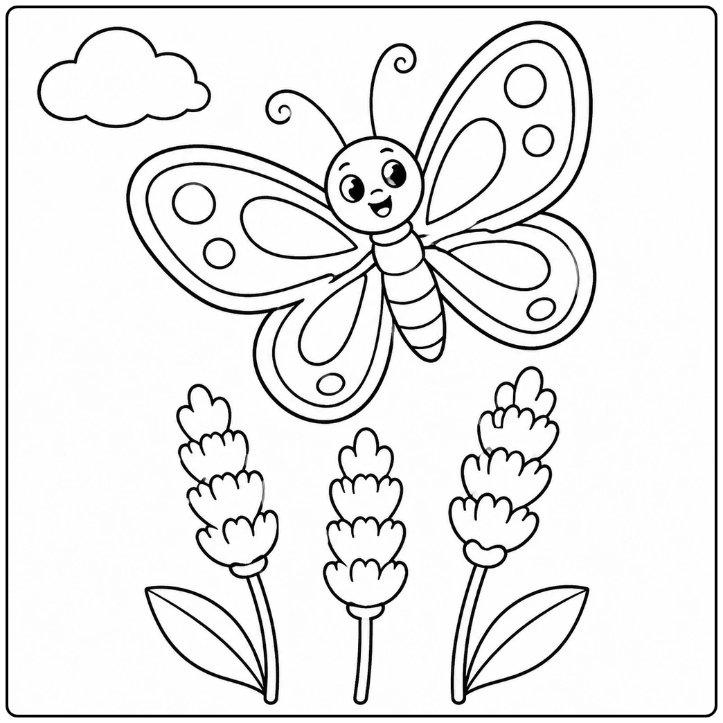 Happy butterfly flying above three flower spikes in a flower butterfly coloring page