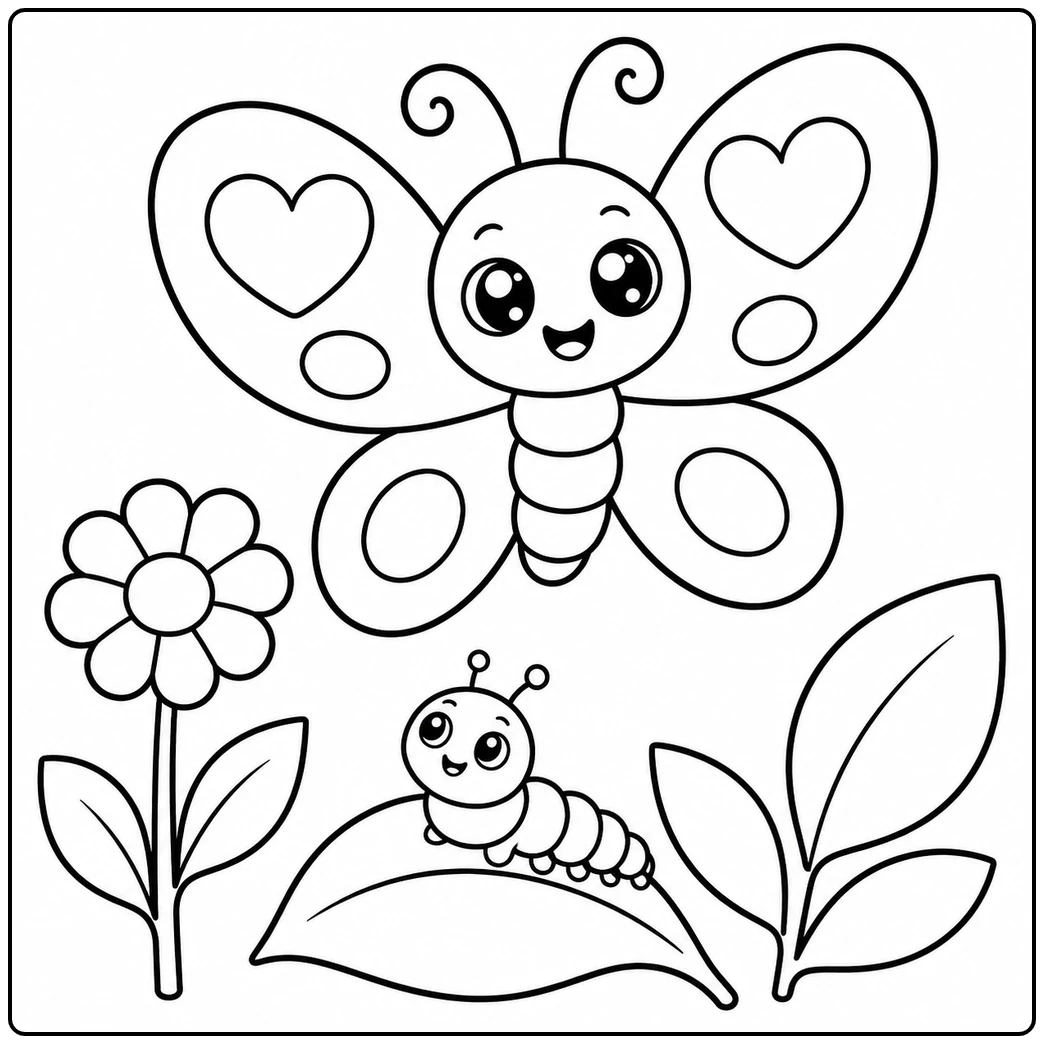 Smiling butterfly above a caterpillar in a cute and kawaii butterfly coloring page
