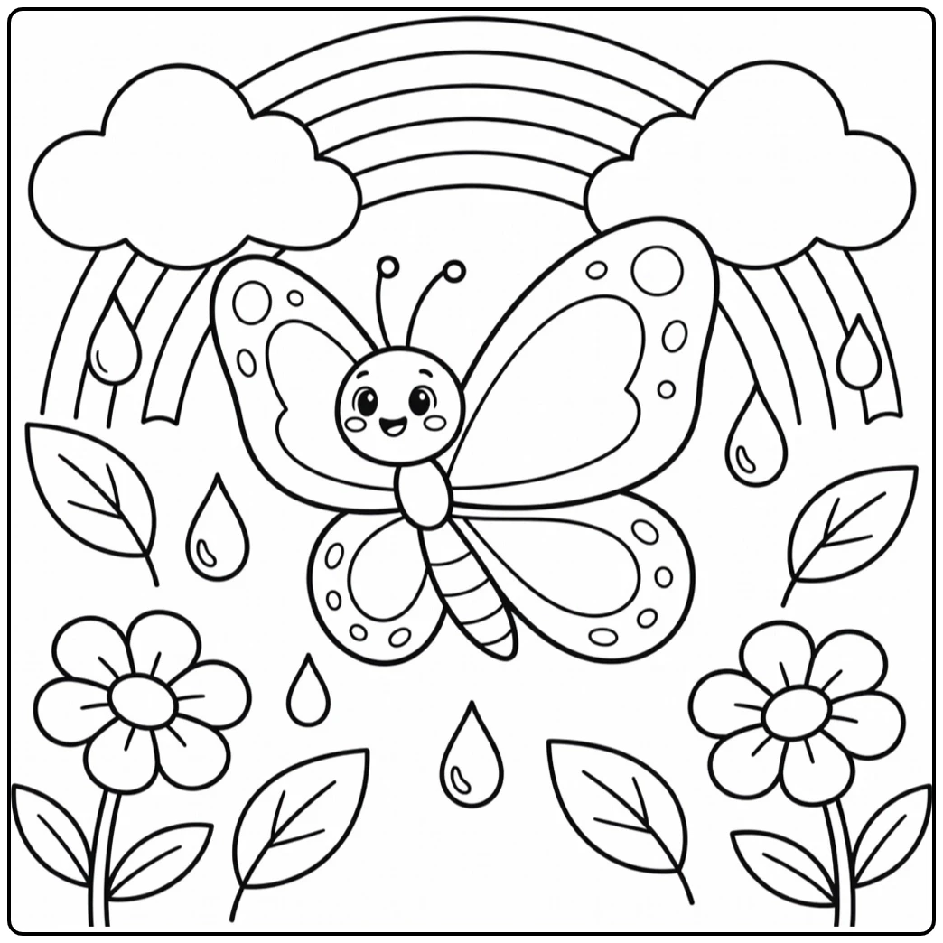 Happy butterfly flying through raindrops, flowers, and leaves under a bright rainbow
