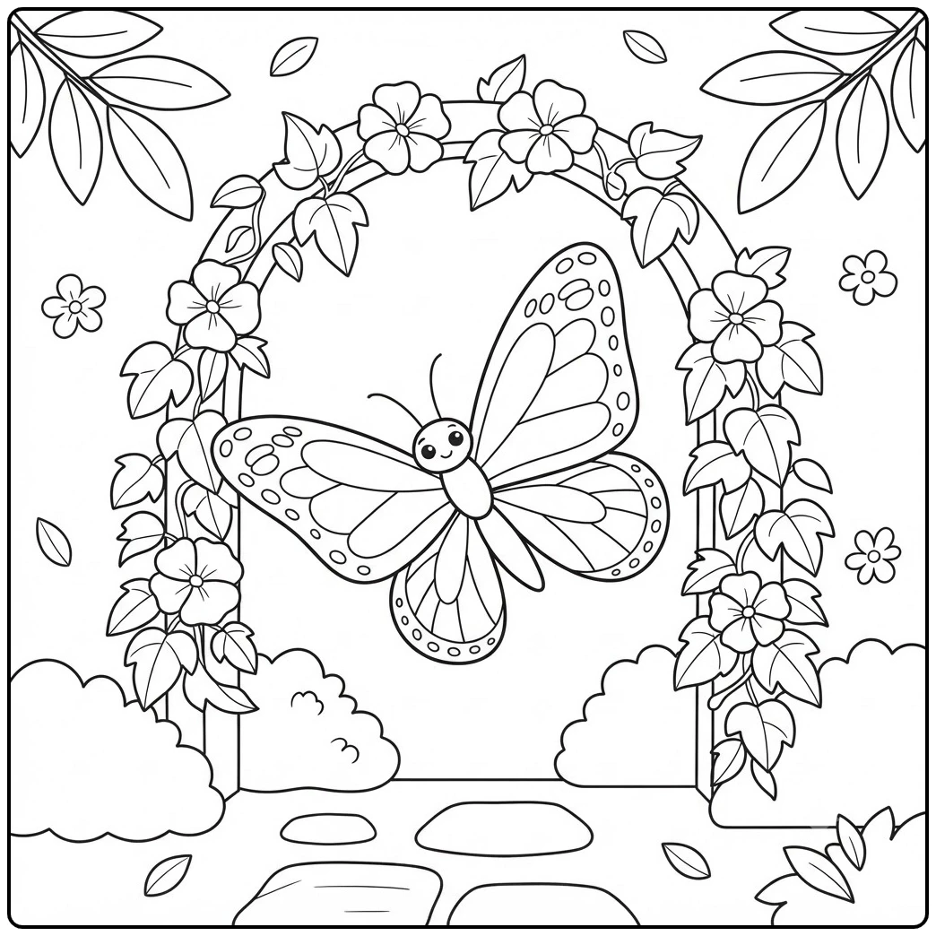 Butterfly floats inside a leafy flower arch above stepping stones and rounded garden shrubs.