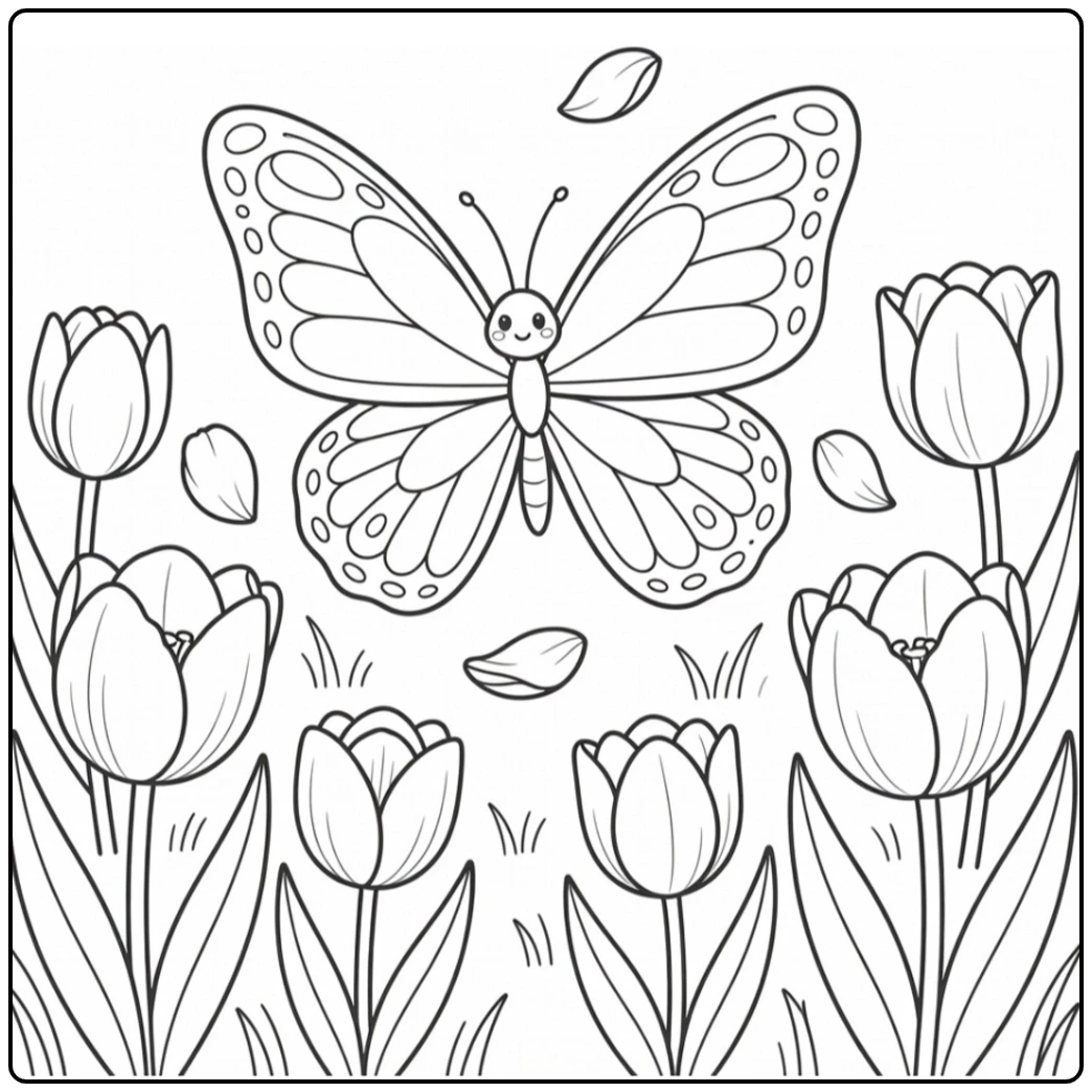 Butterfly flying above a tulip garden with open blooms, buds, and leaves