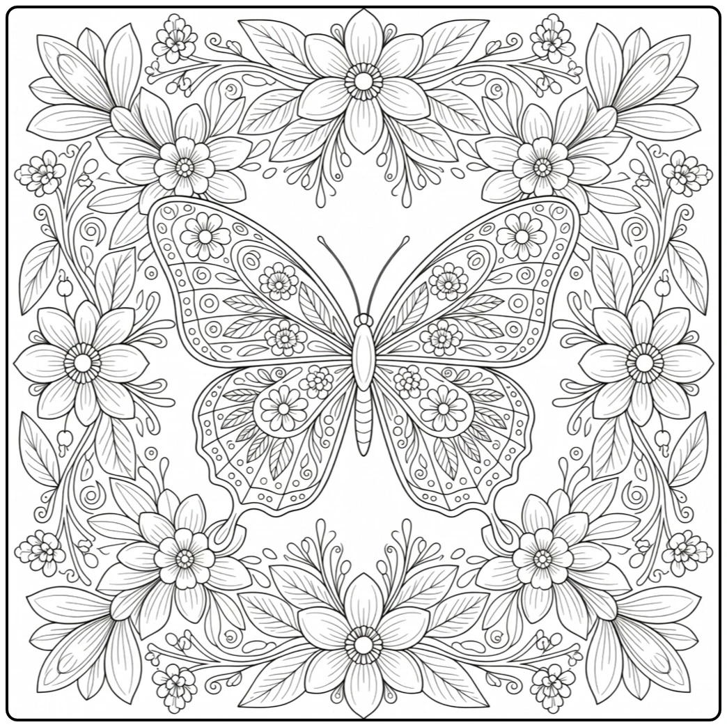 Decorative butterfly framed by blossoms, leafy branches, and curling botanical details