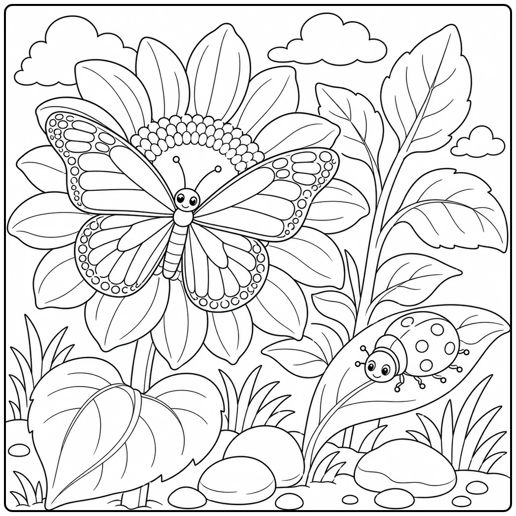 Butterfly resting on a sunflower beside a ladybug on a curved leaf in this insect coloring page