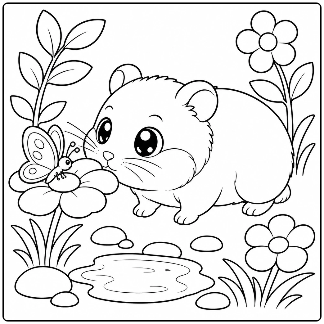 Round hamster gently sniffs a butterfly resting on a flower beside a small garden pond