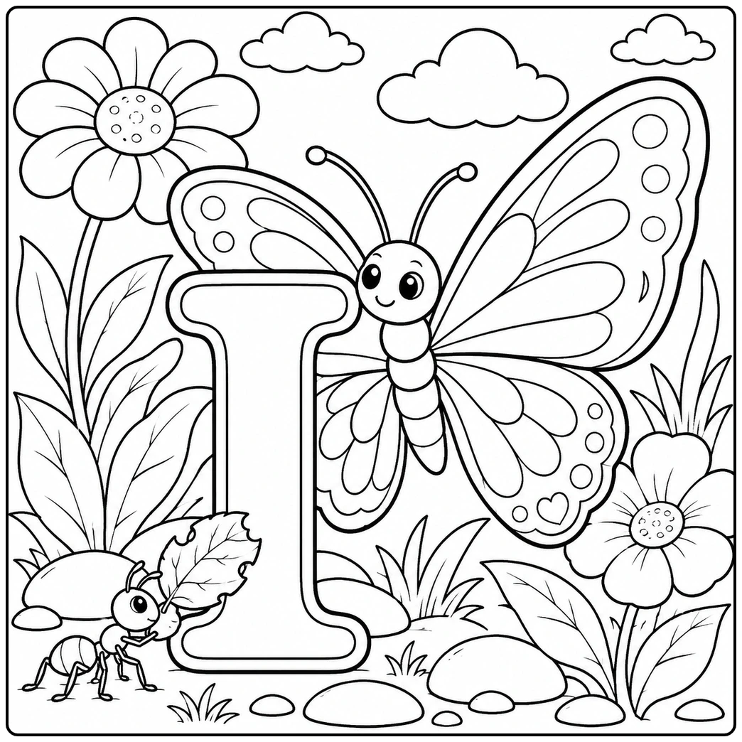 Butterfly and leaf-carrying ant surround a bold I in this i is for insect coloring page