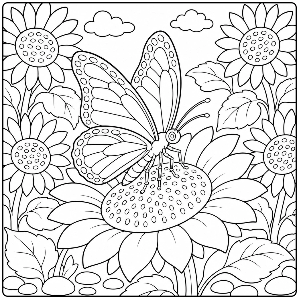 Butterfly lands on a sunflower center surrounded by large blooms, leaves, and small clouds.