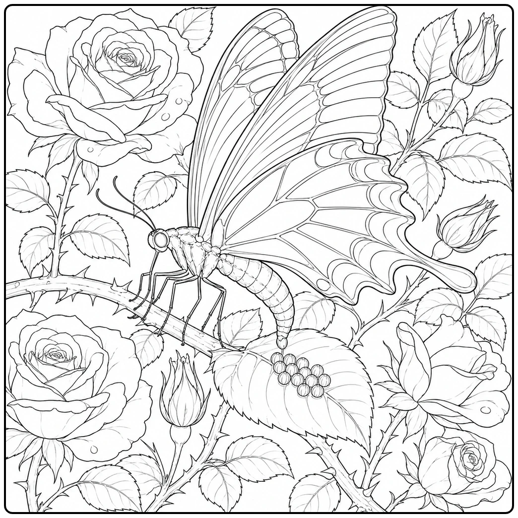 Adult butterfly above eggs on a rose leaf in a detailed butterfly egg coloring page.