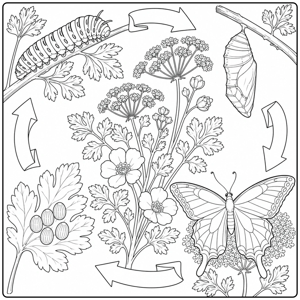 Flowering stems and arrows guide the stages in this butterfly life cycle coloring page.