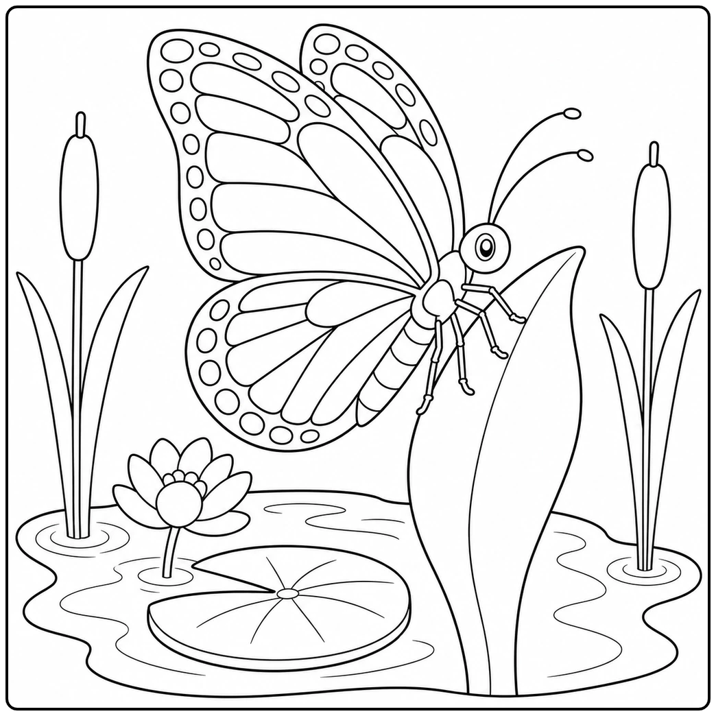 Monarch butterfly coloring page with a butterfly perched on a tall leaf beside pond plants.