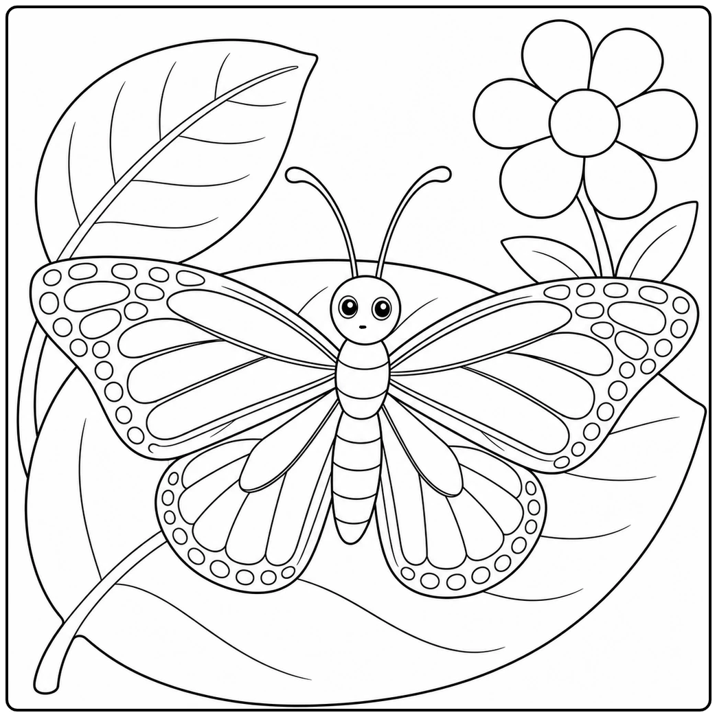 Centered butterfly rests across oversized leaves beneath a single simple garden flower.