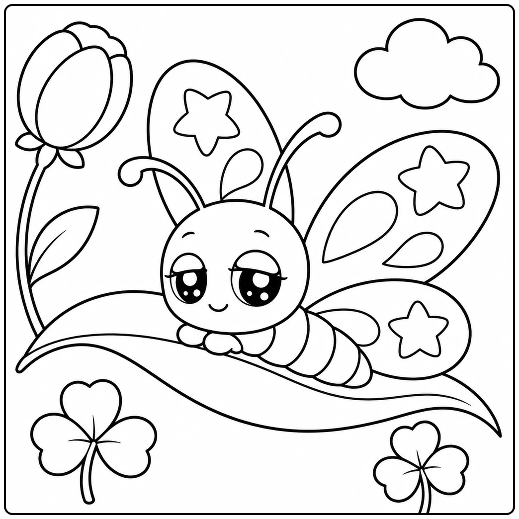 Sweet butterfly resting on a leaf with star-patterned wings, flowers, and a cloud