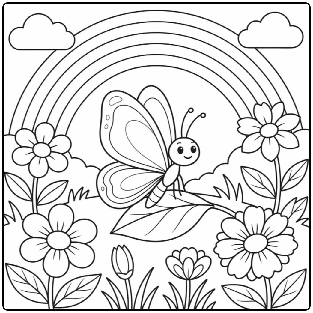 Butterfly resting on a broad leaf in a flower garden beneath a wide rainbow and clouds