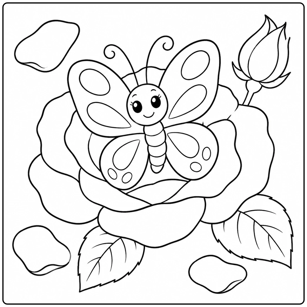 Smiling butterfly resting on a large rose with leaves, a flower bud, and fallen petals
