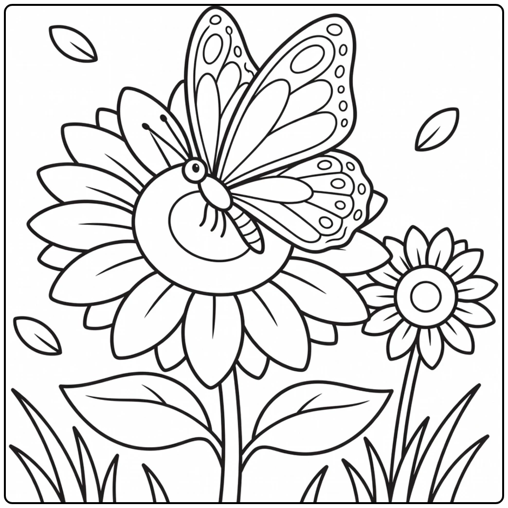 Butterfly perched on a large flower beside a smaller bloom and leafy stems